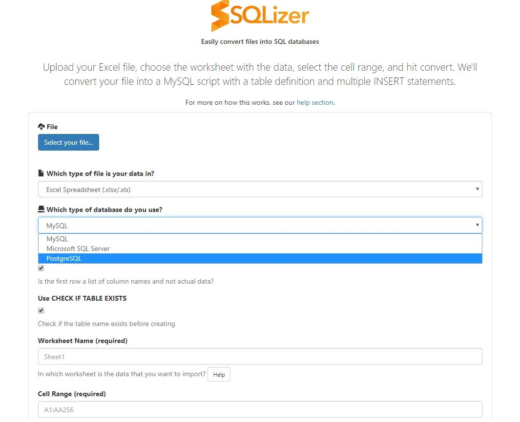 SQLizer.io and PostgreSQL selection