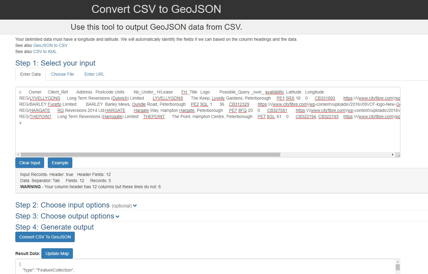 CSV to GeoJSON conversion