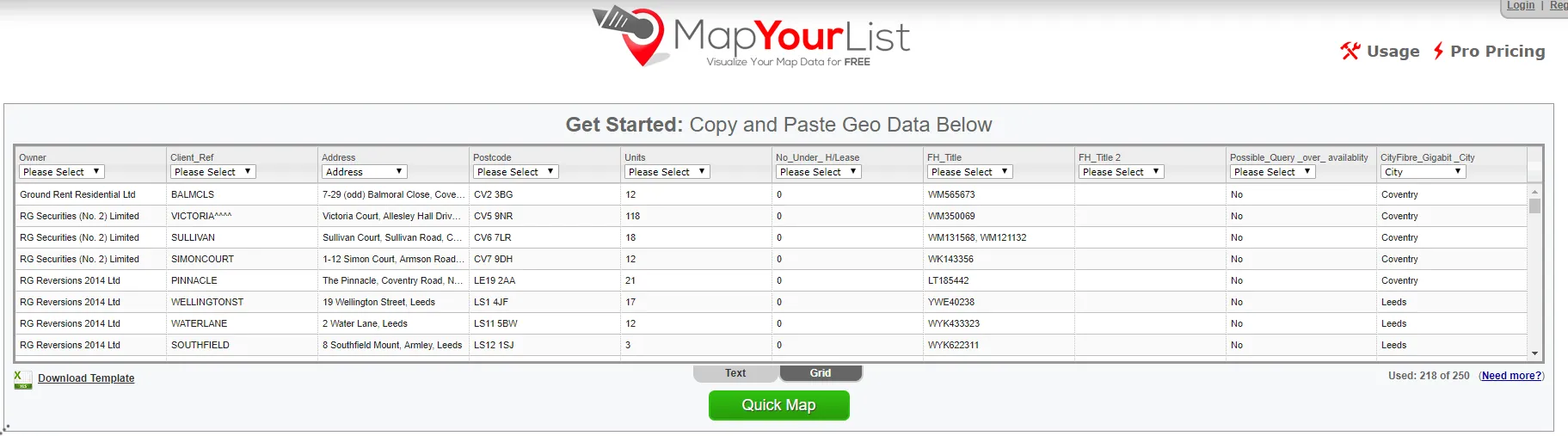 Mapyourlist data input