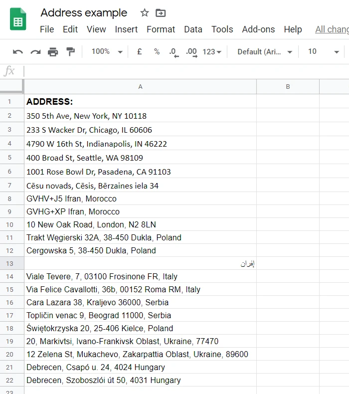 Google Sheets addresses example