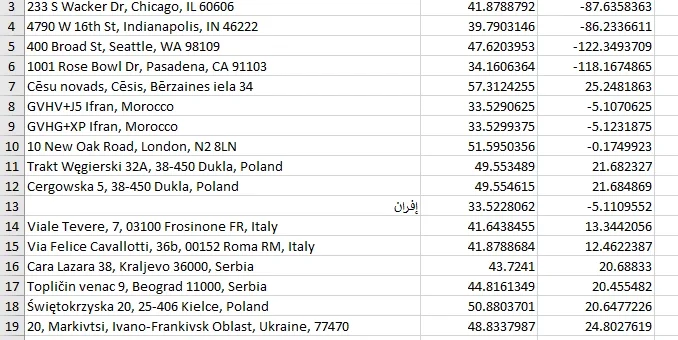 Geocoding addresses in Excel