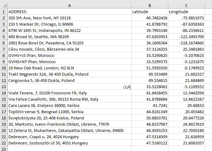 Geocoding addresses in Excel