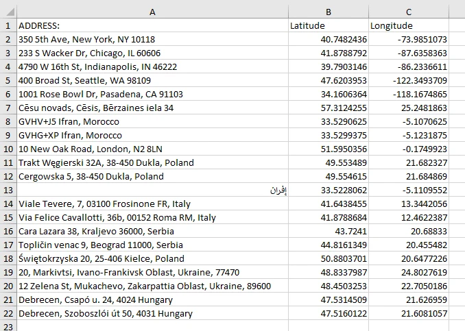 Google Sheets addresses in Excel