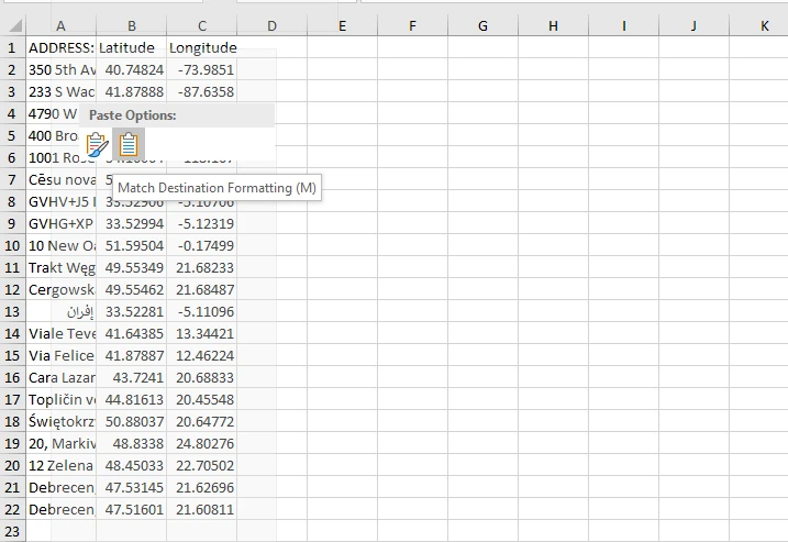 Google Sheets addresses in Excel