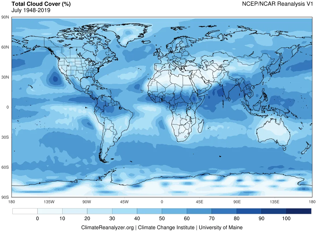 Climate Reanalyzer cloud coverage worldwide