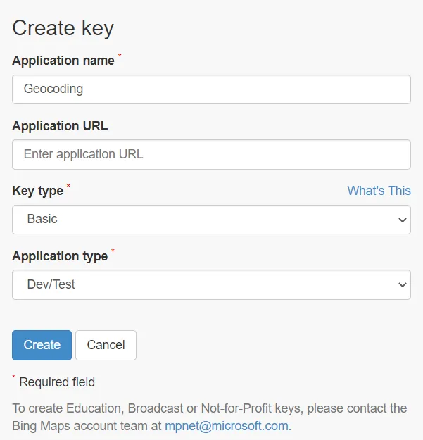 Bing Maps Dev Center create key