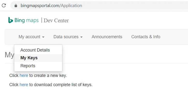 Bing maps dev center my keys