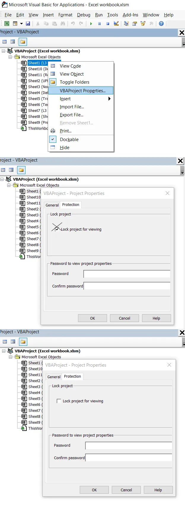Excel VBA project protection section