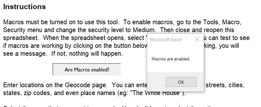 Excel geocoding tool macros enabled
