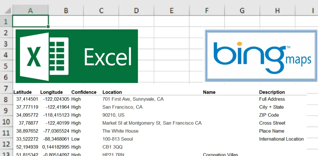 Bing geocoding addresses in excel