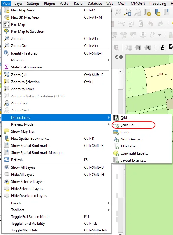 QGIS decorations scale bar