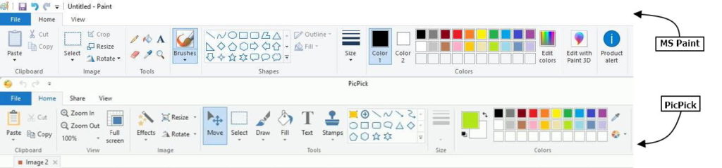 Microsoft Paint vs PicPick toolbar