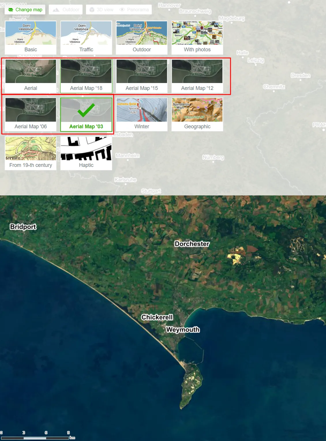 Mapy.cz satellite imagery selection