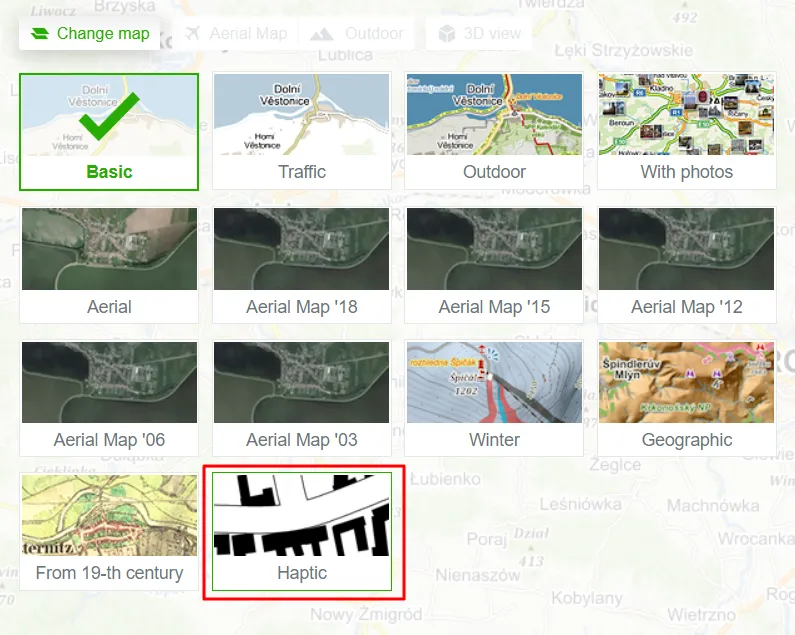 Mapy.cz Haptic maps selection