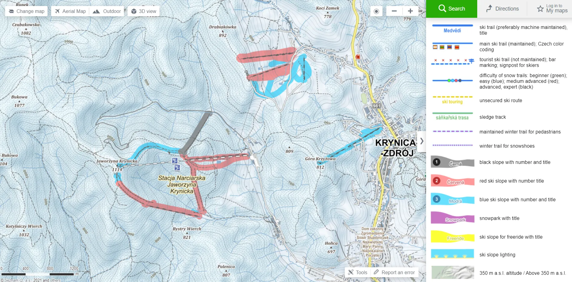 Mapy.cz Ski trails on winter map