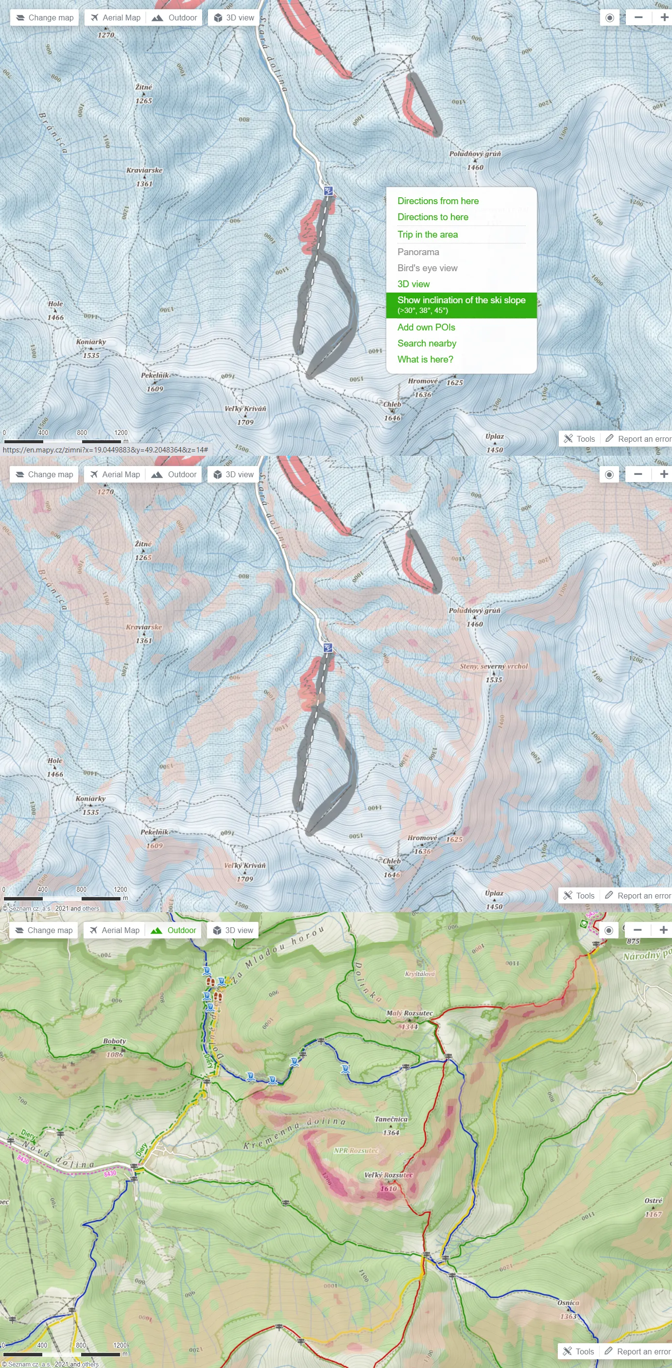 Mapy.cz Ski slope inclination