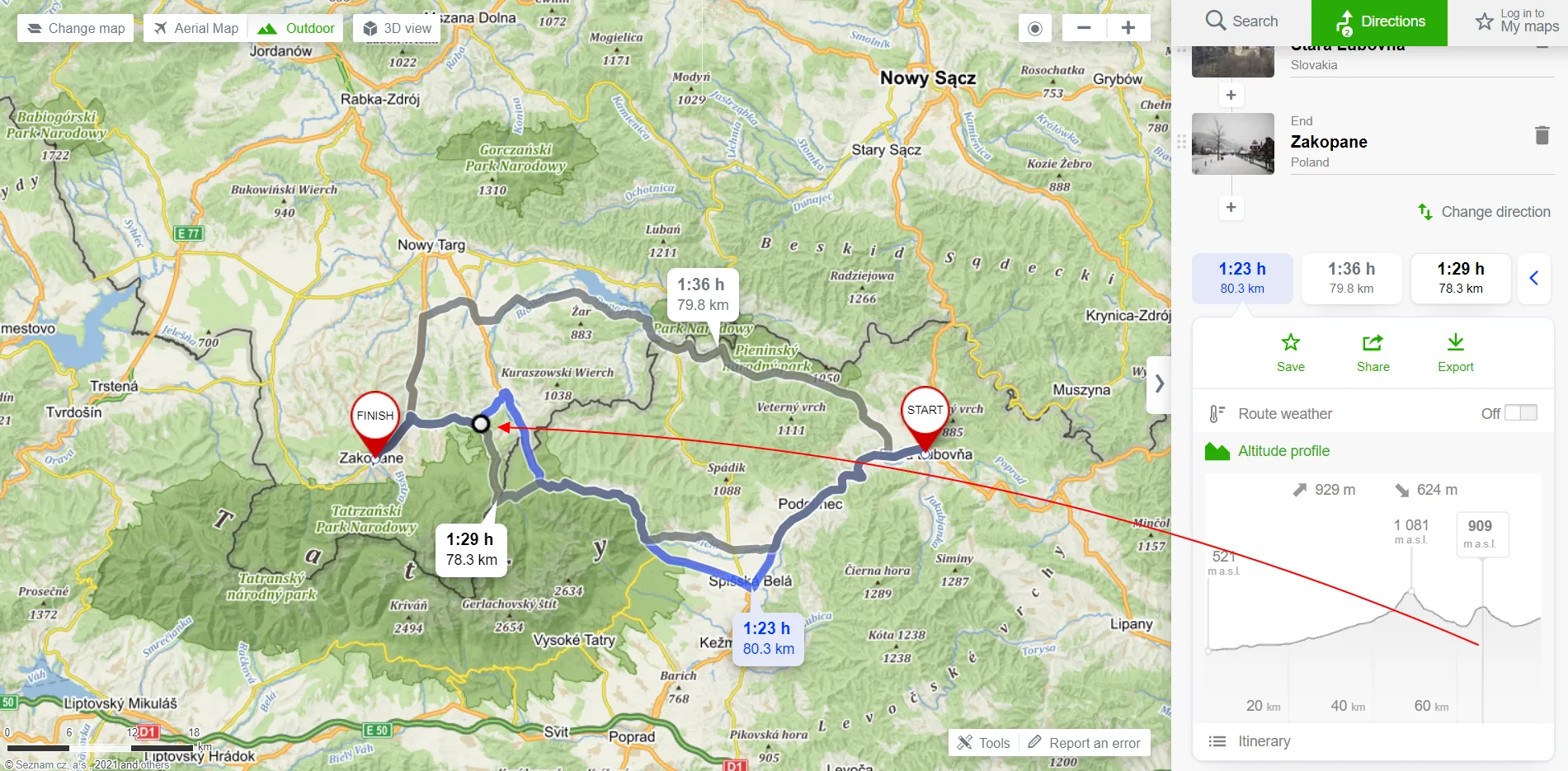 Mapy.cz terrain profile for route calculated by car