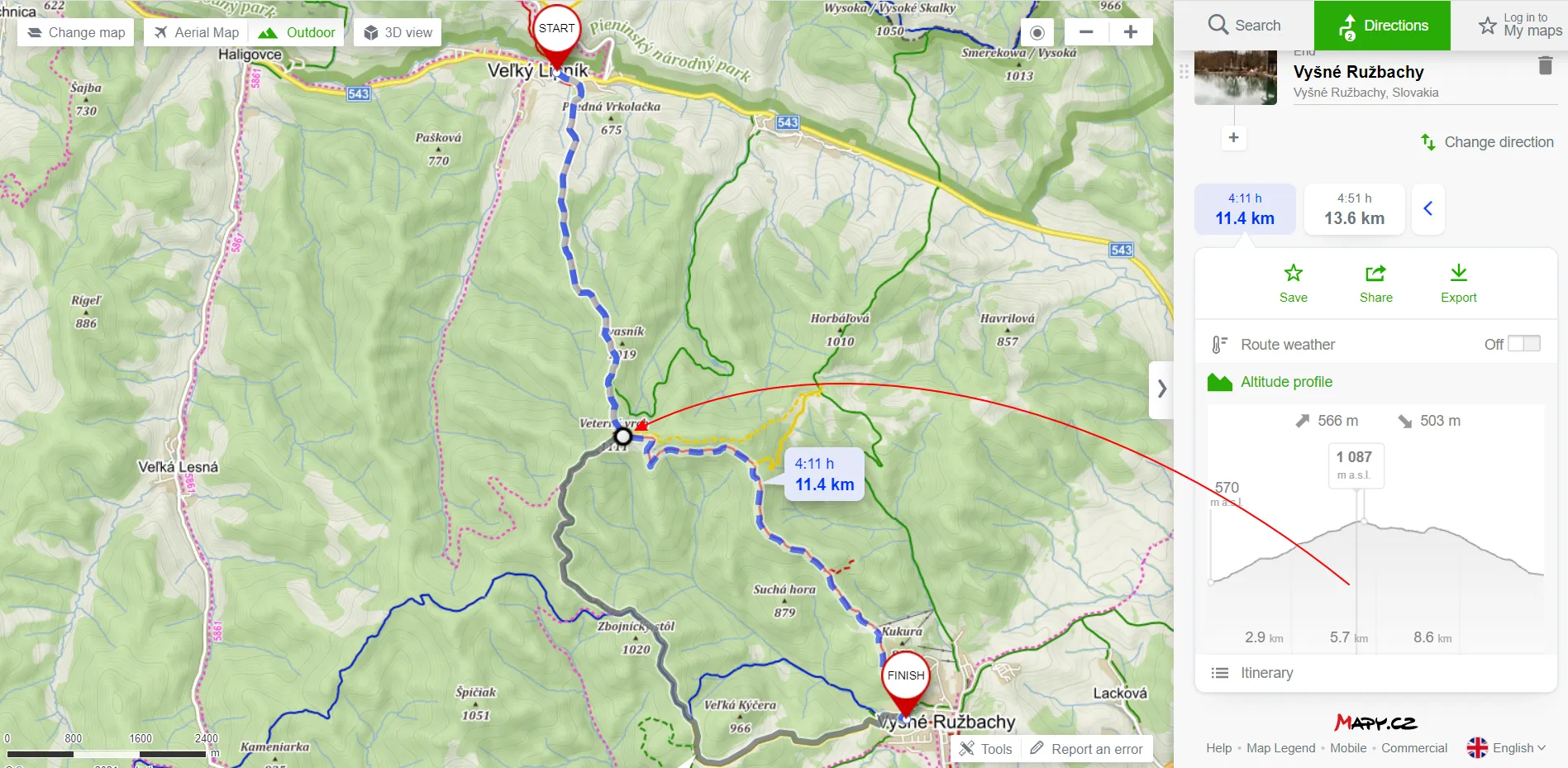 Mapy.cz terrain profile for walking route