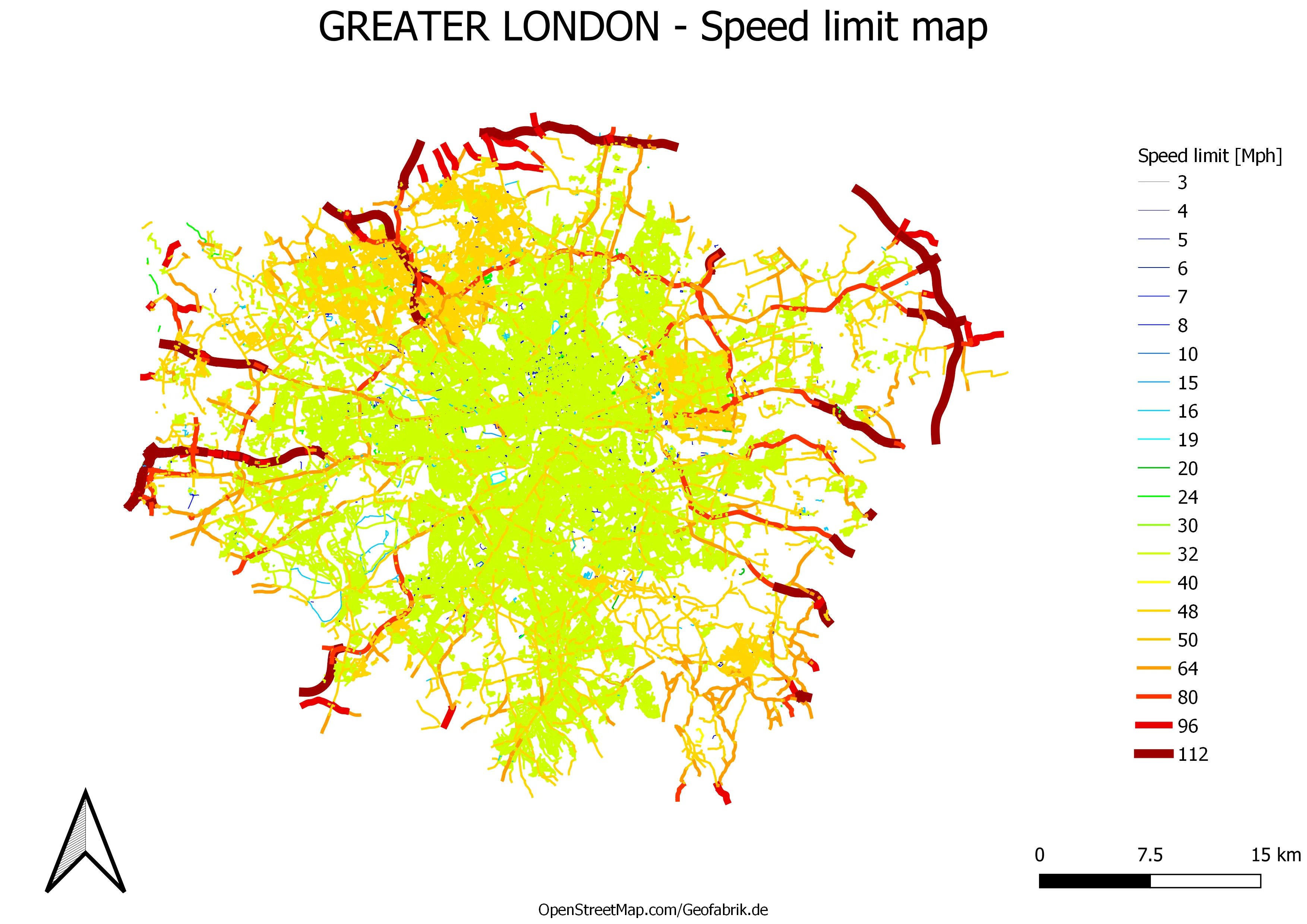 Greater London - speed limit map made in QGIS print composer