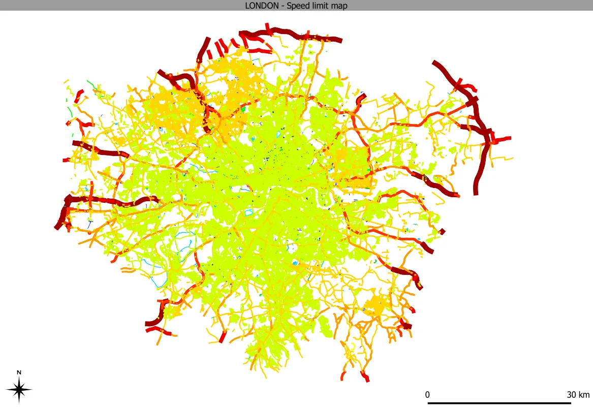 Greater London speed limit map QGIS decoration