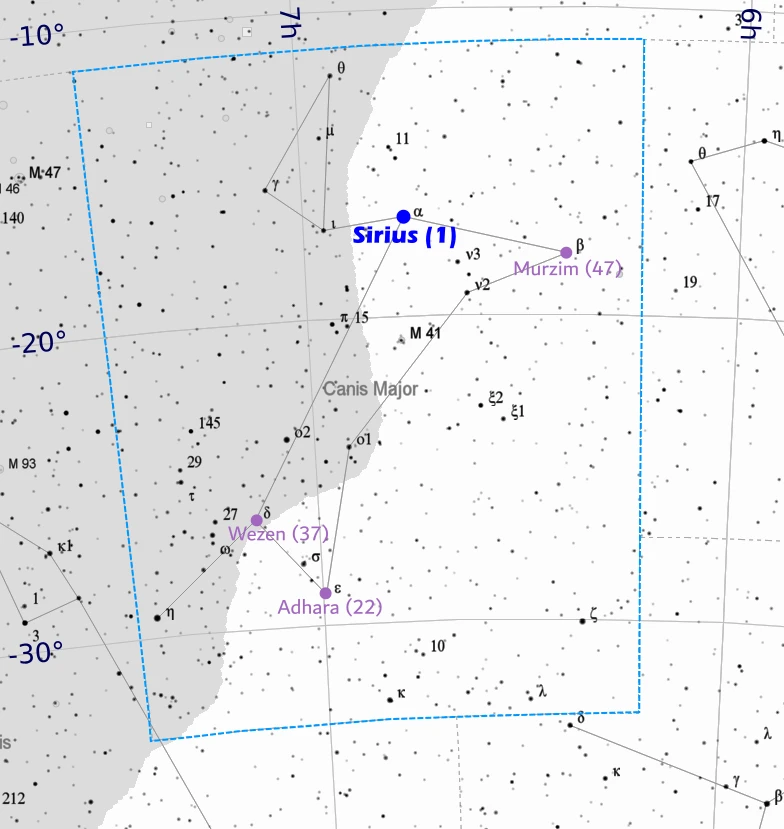 Sirius location in the Canis Major constellation