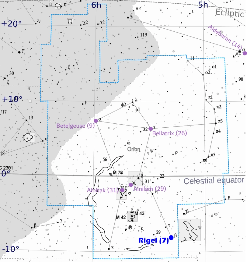 Rigel and Orion in the sky