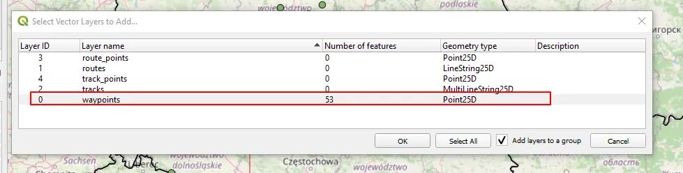 Import .gpx point layer to QGIS