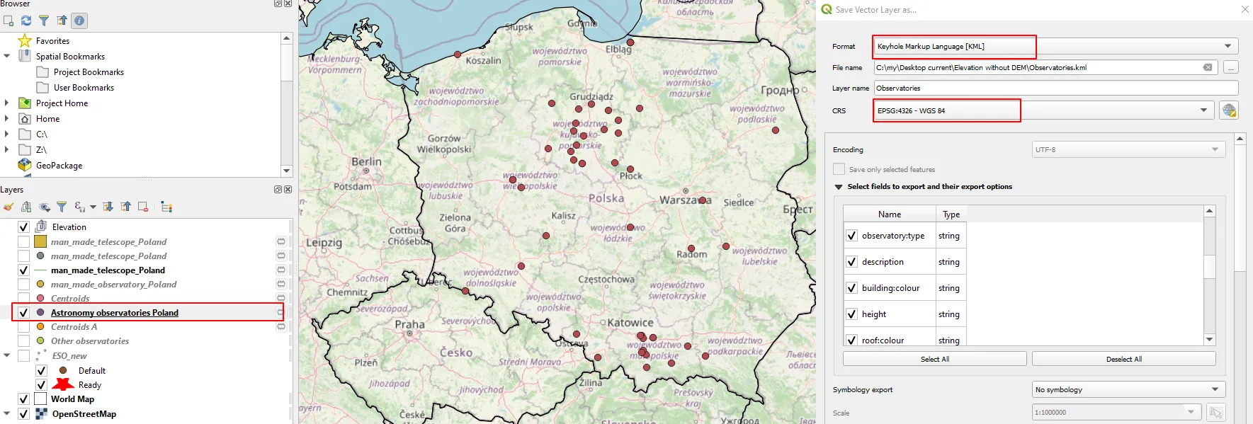 Export layer as .kml in QGIS. Astronomical observatories in Poland.