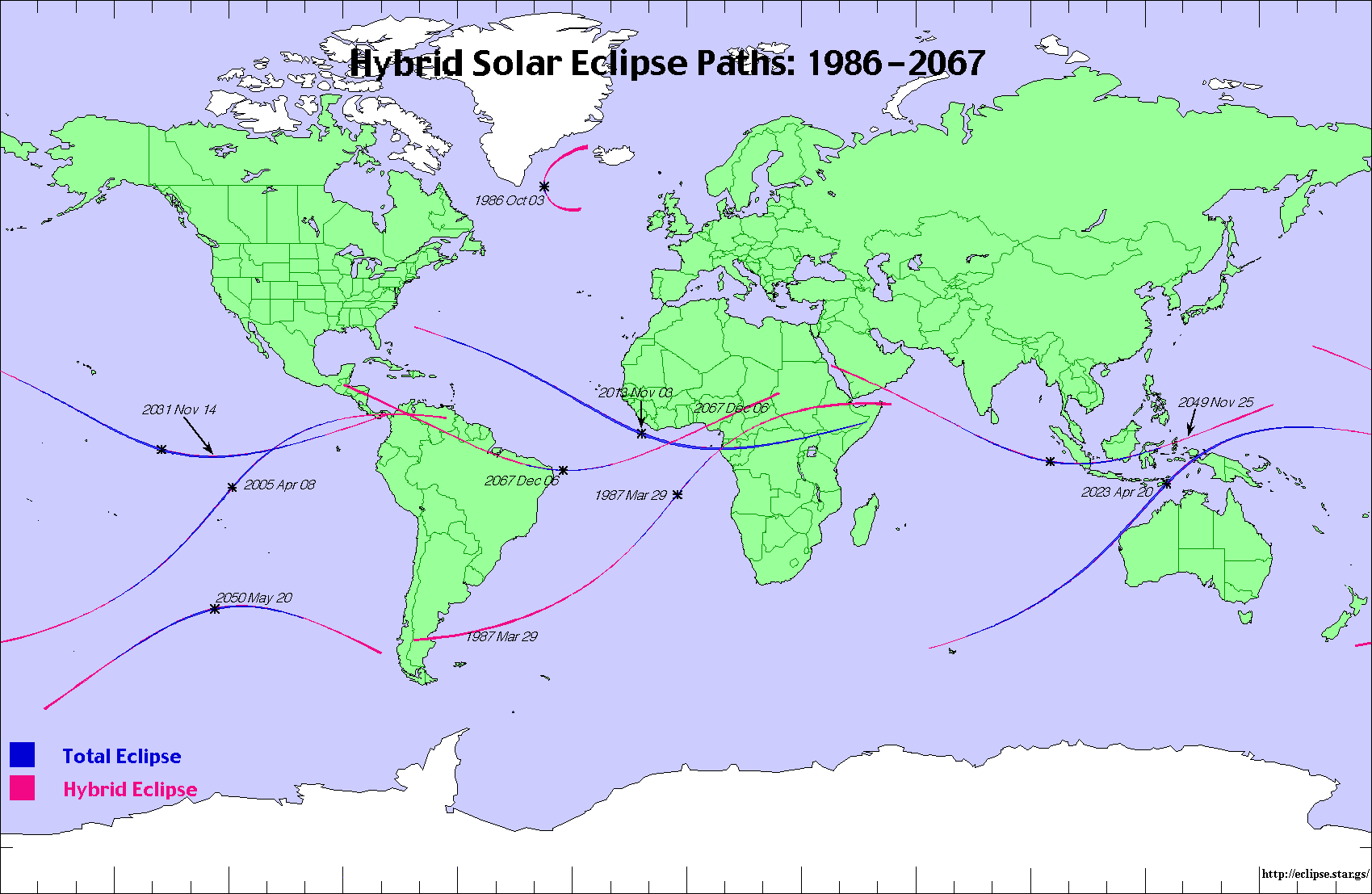 Hybrid solar eclipses 1986-2067