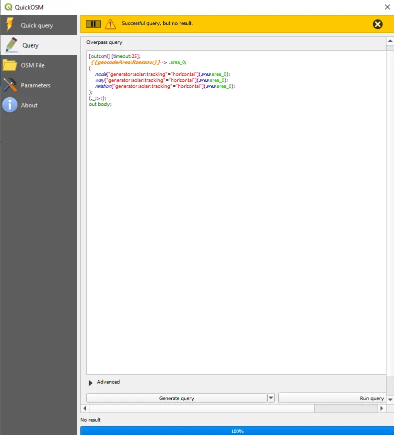 Quick OSM successful query no results