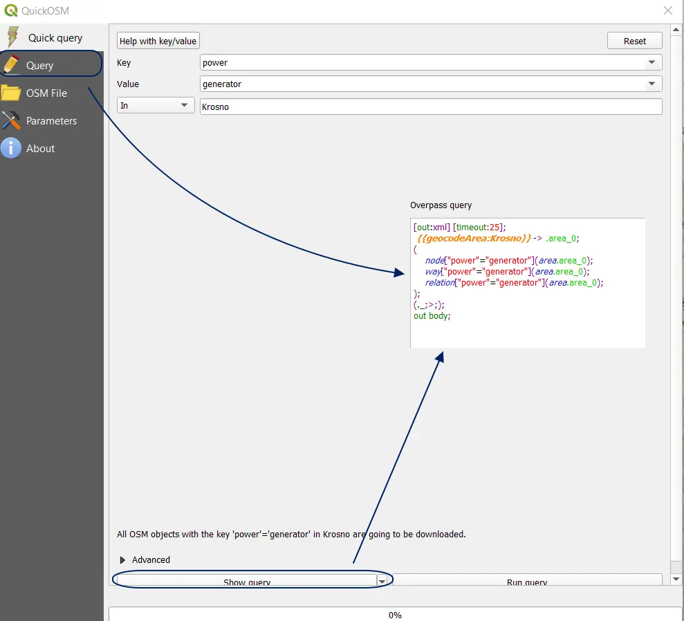 Quick OSM quick query vs normal query