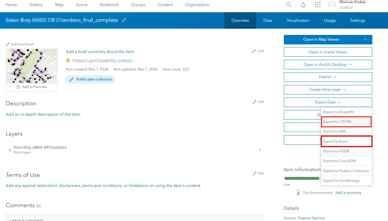 ArcGIS Online export layer to Excel