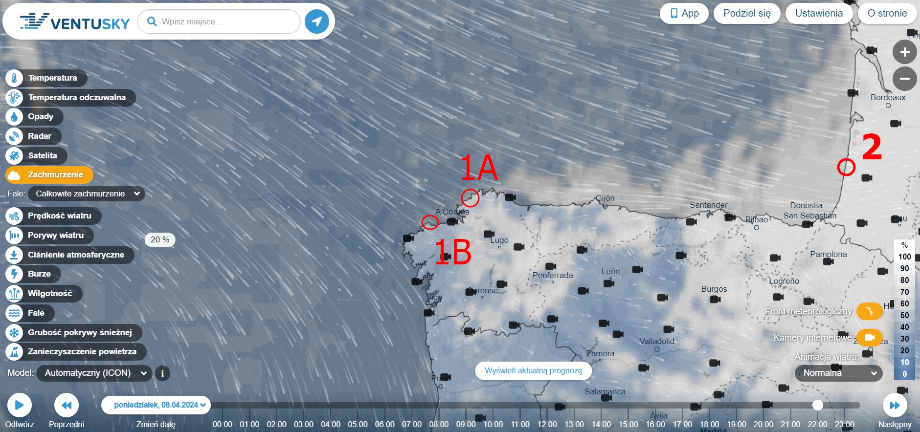Ventusky cloudiness prediction April 8, 2024