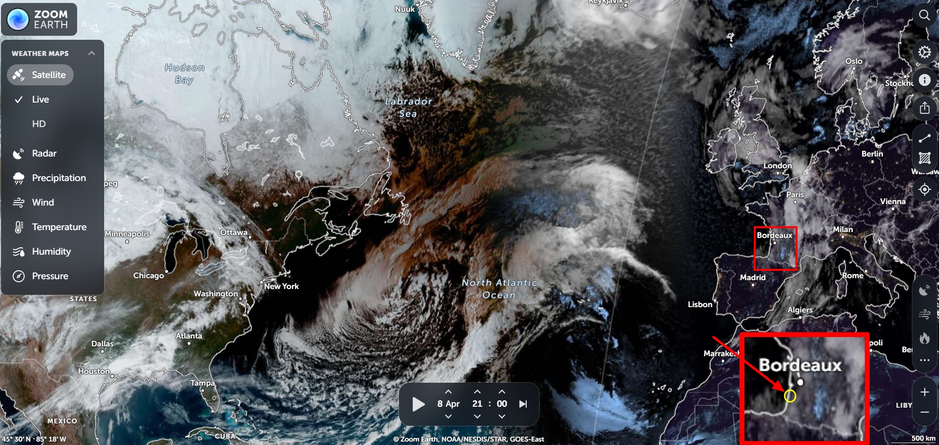 April 8, 2024 Europe satellite imagery Zoom.Earth