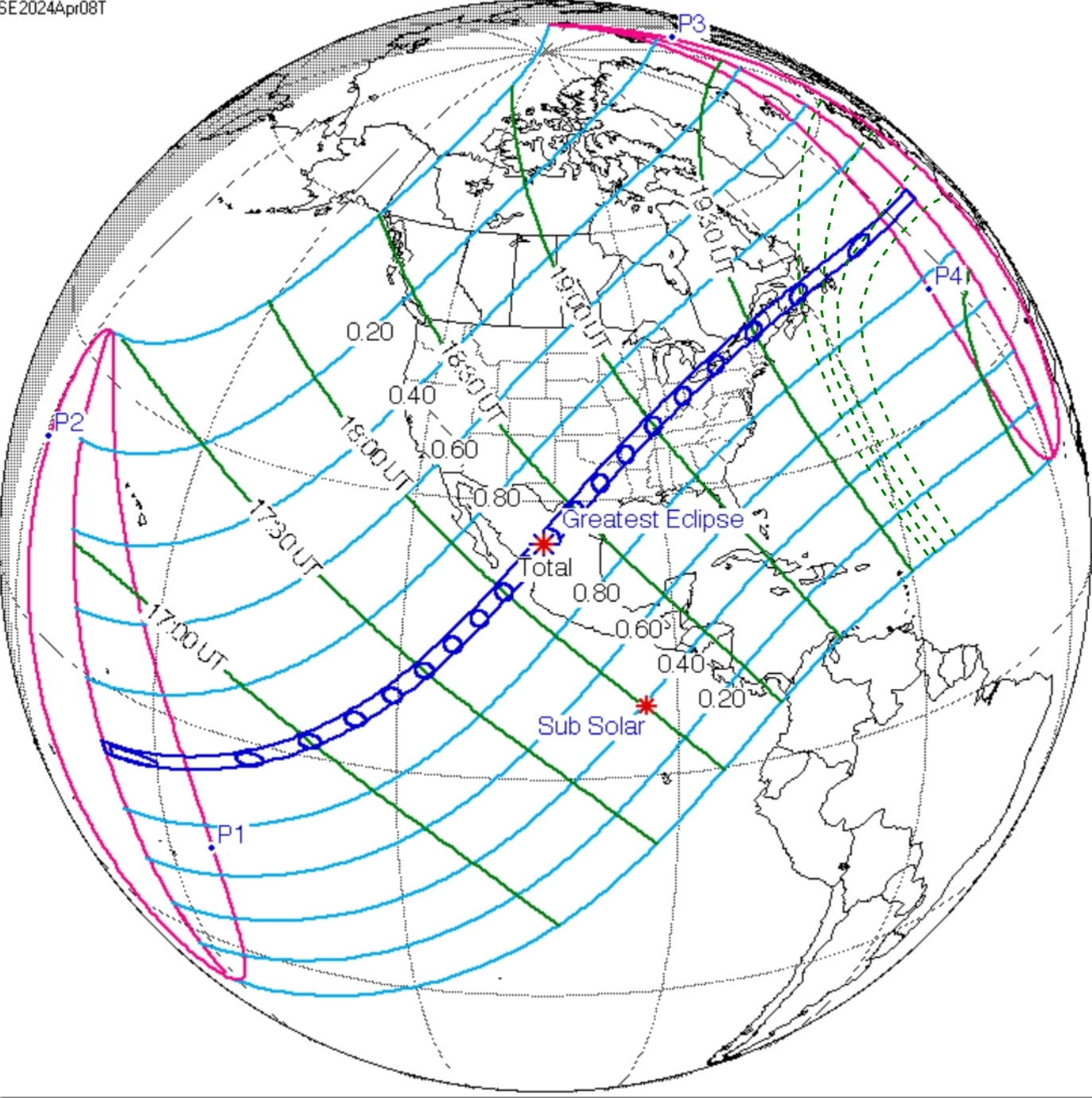 Total solar eclipse 2024 map Espenak, isolines with the moment of greatest eclipse