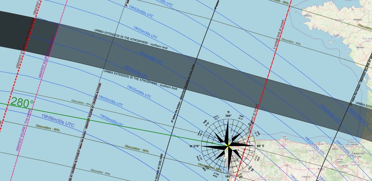 Impact of solar eclipse on twilight April 8, 2024 with the isolines