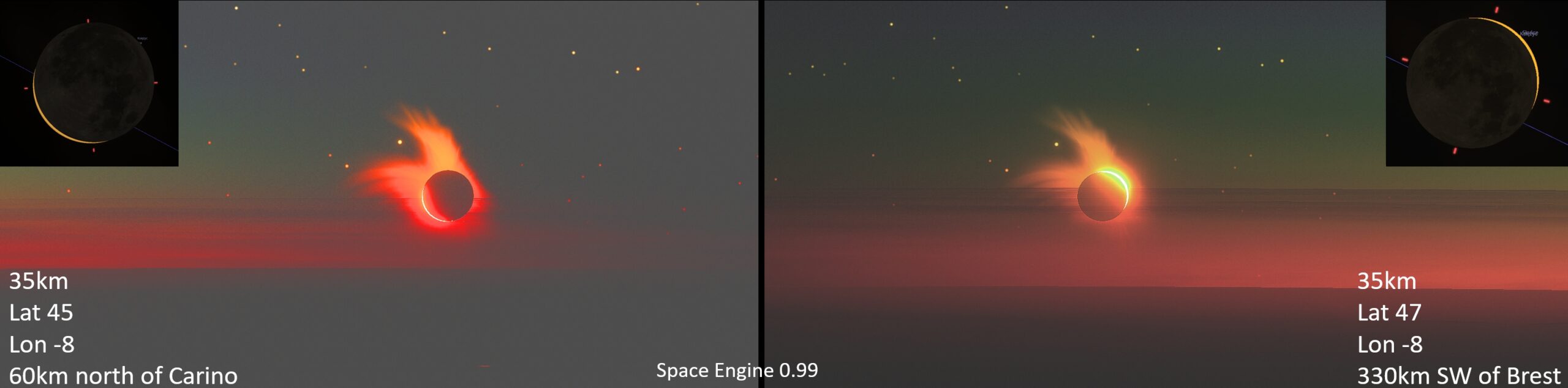 Solar eclipse 2024 above Atlantic from ozonosphere, SpaceEngine