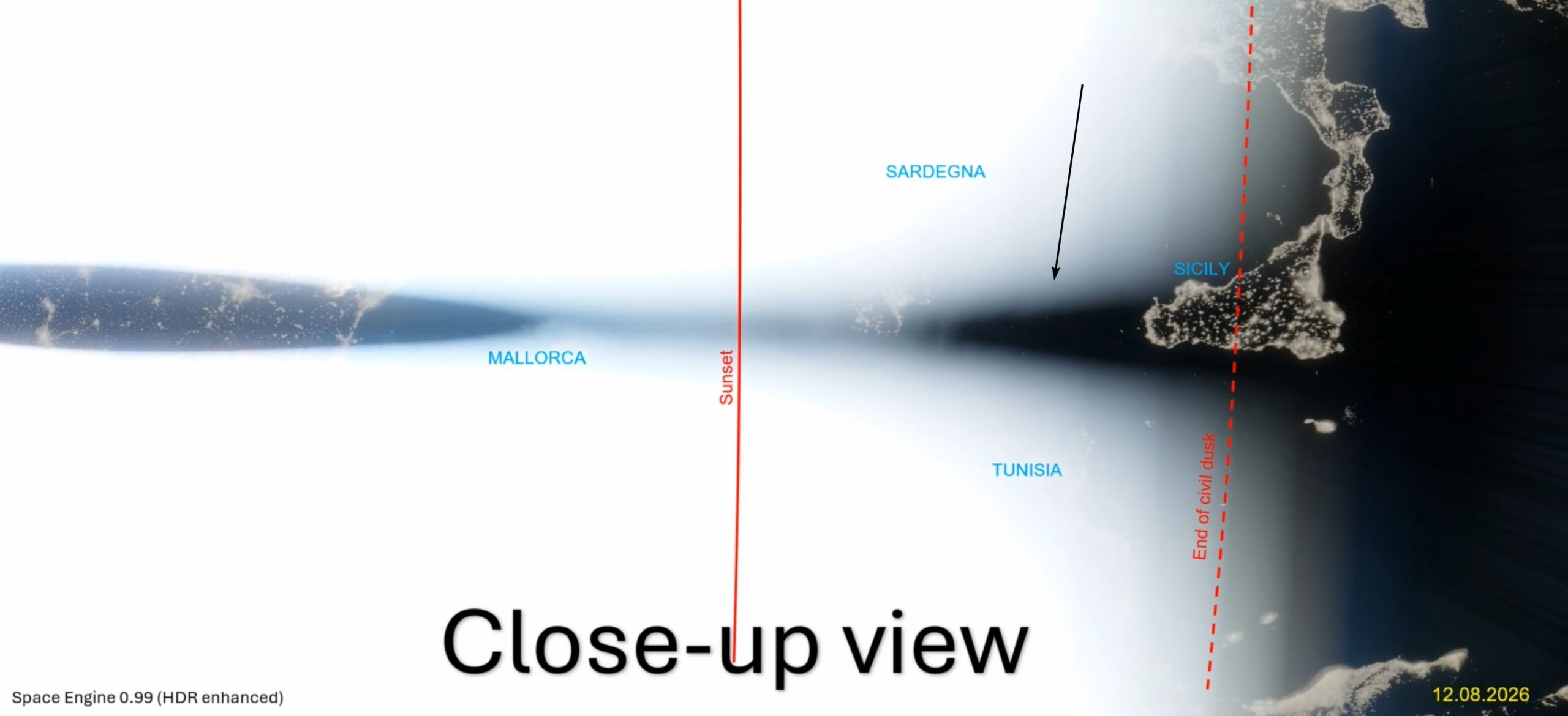 Total solar eclipse 2026 false umbra Mediterranean