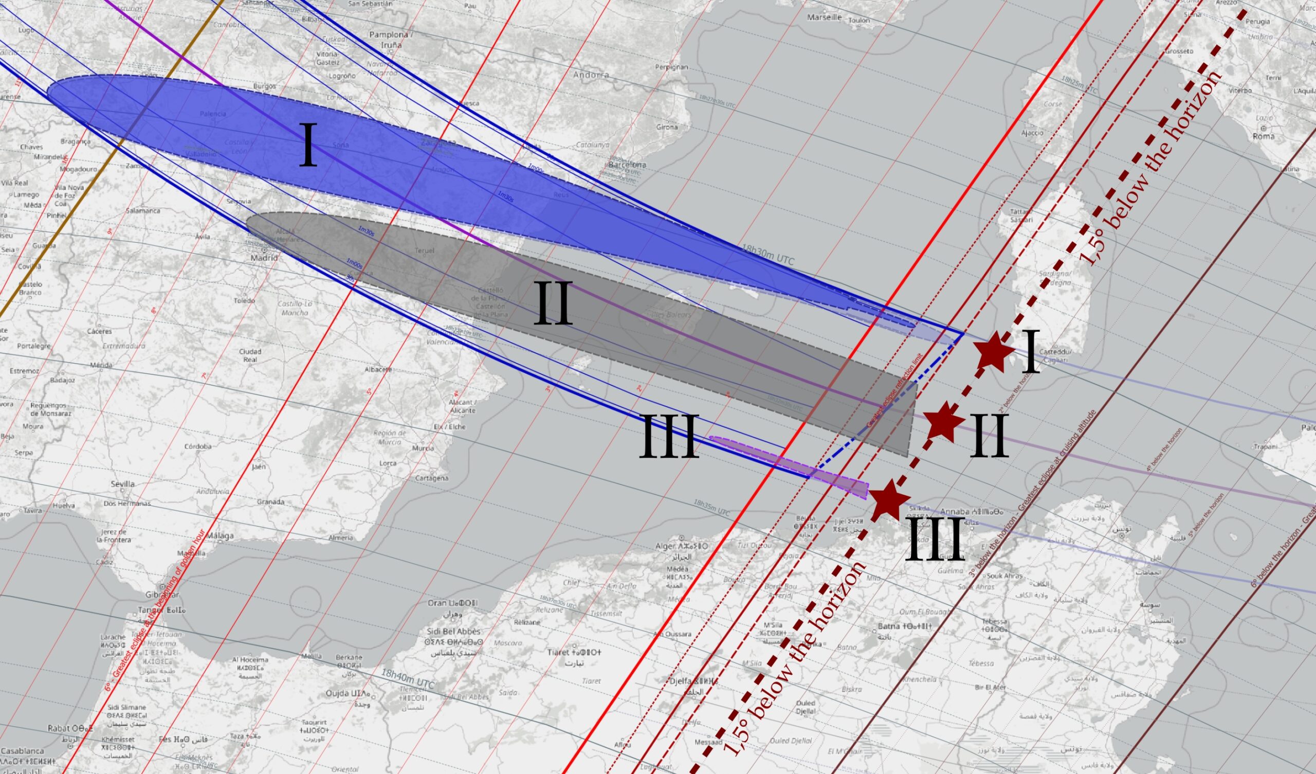 Total solar eclipse 2026 umbra projection below the horizon cases